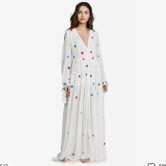 Sandy Stars Boho Embroidered Long Maxi Gown In White Rainbow Stars 5⭐️Rated FAV! - Picture 6 of 11